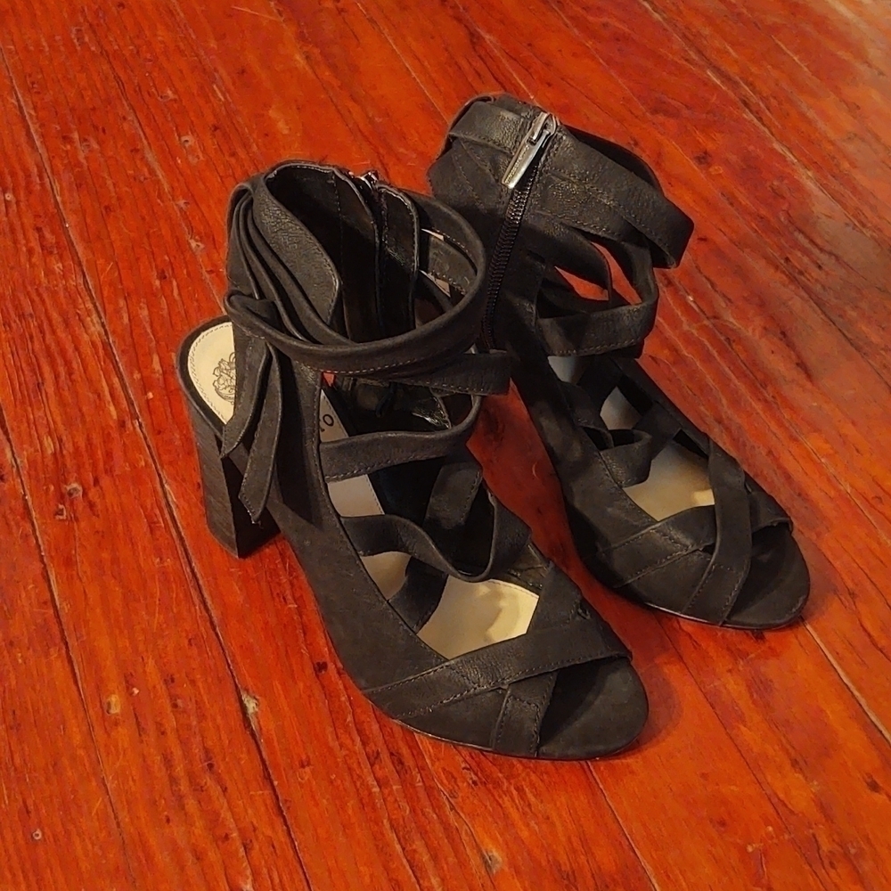 Vince Camuto Strappy Black High Chunky Heel Sandals Sz 7.5